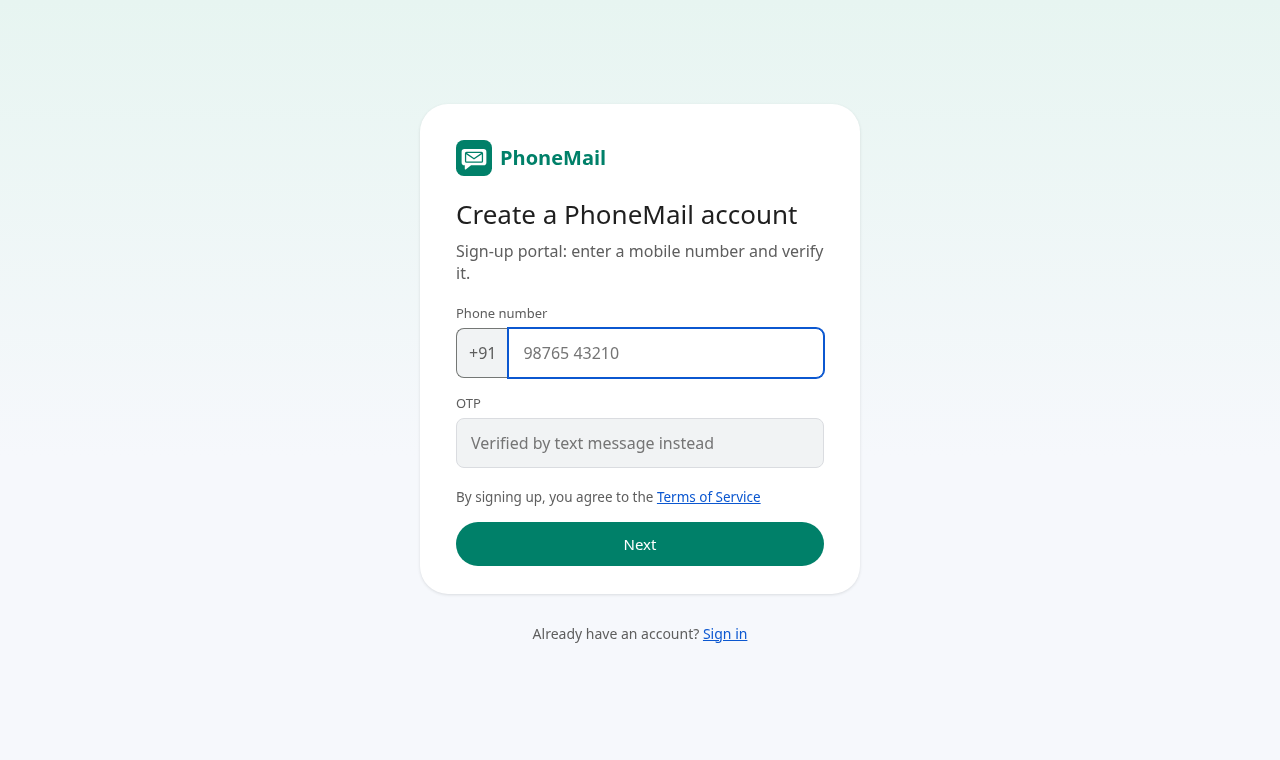 The sign-up portal with its two fields