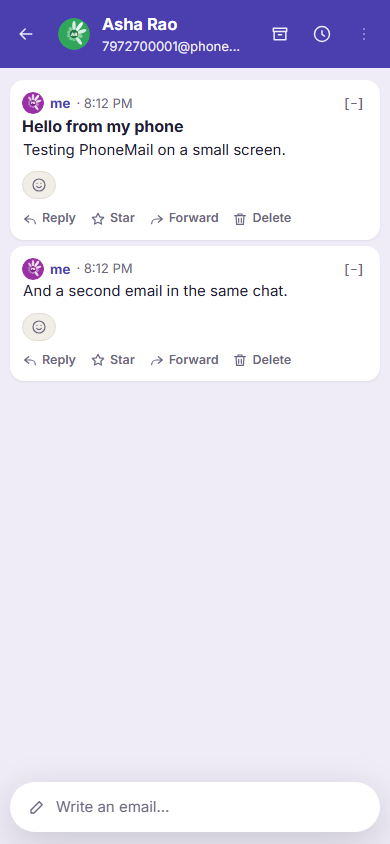 A conversation on a phone: each email as a card with reply, star, forward and delete
