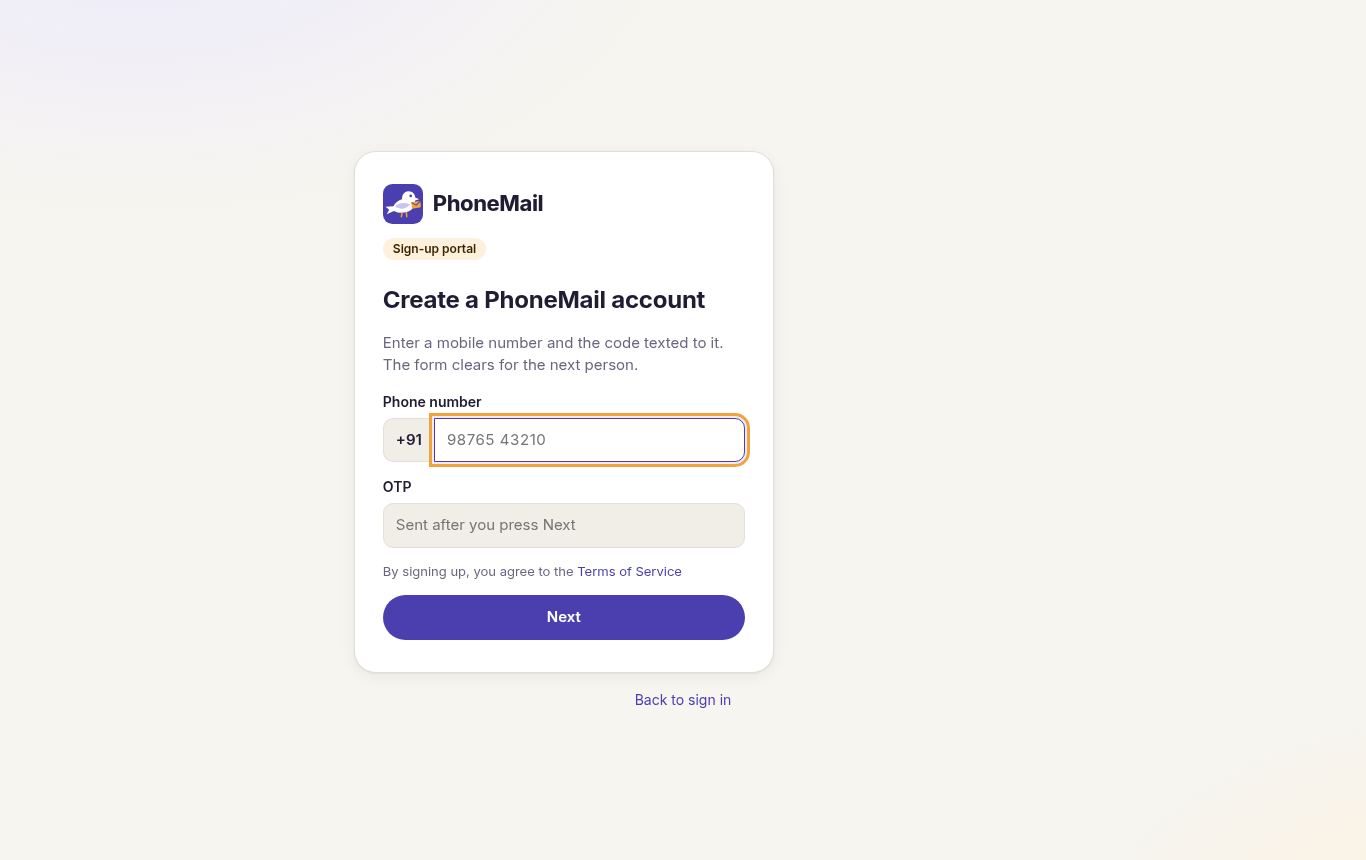 The sign-up portal: a phone number, the code texted to it, and one Next button
