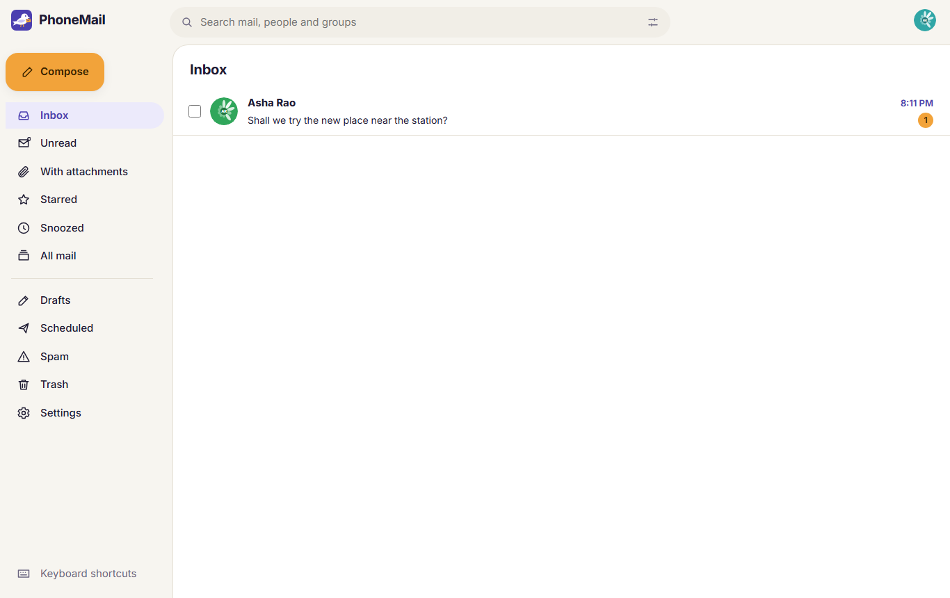 PhoneMail on the web: the inbox with its folders