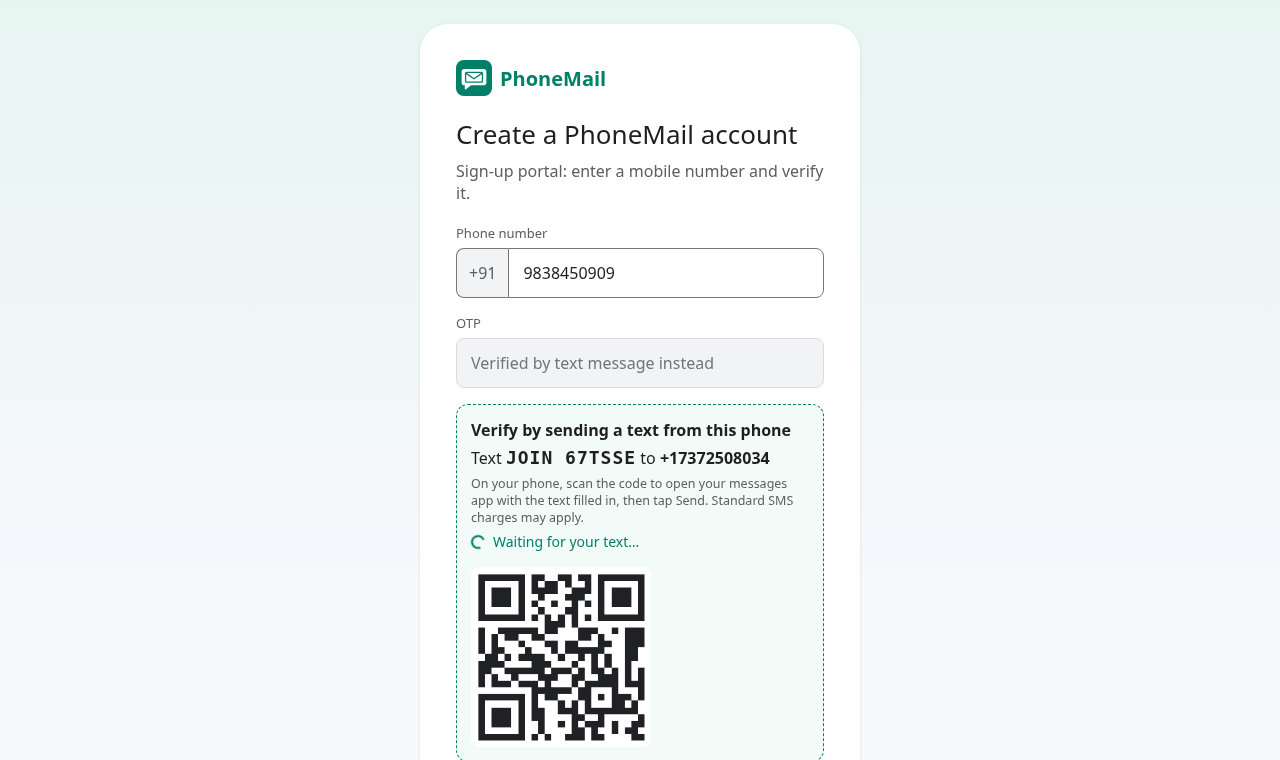 The sign-up page offering to verify by sending a text, with a QR code