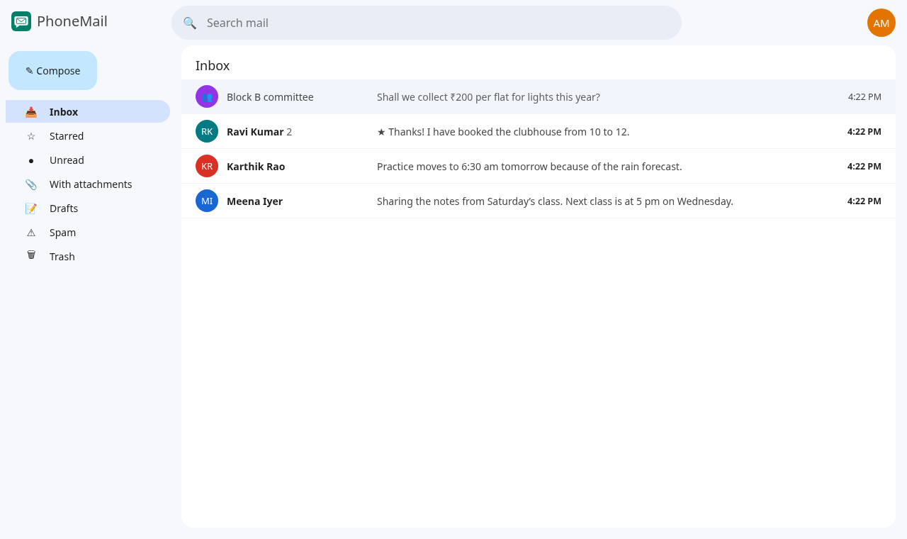 PhoneMail on the web: inbox