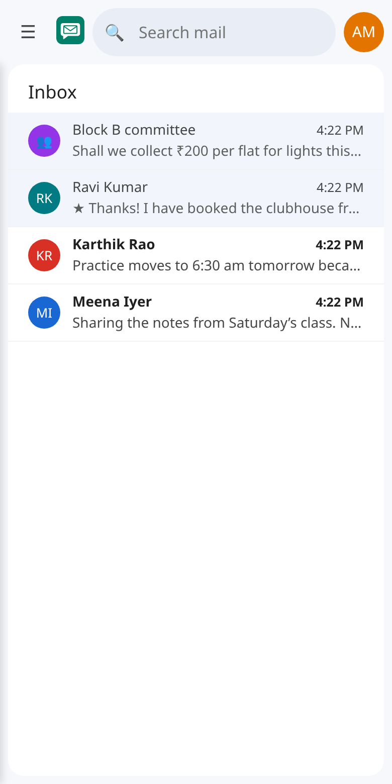The PhoneMail inbox on a phone: a list of chats with names, times and unread counts